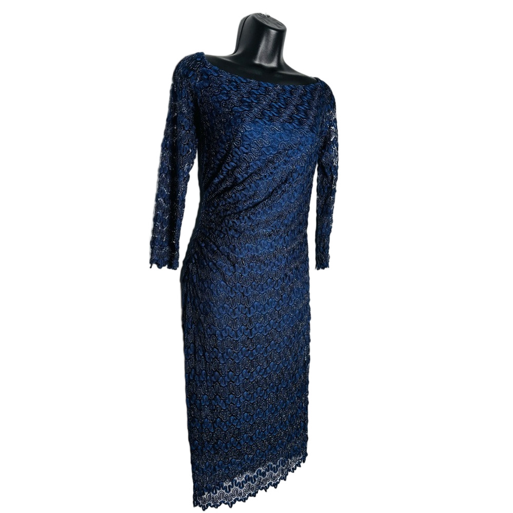 David Meister Navy Blue Lace with Gold Metallic Midi Designer Dress - Picture 4 of 8